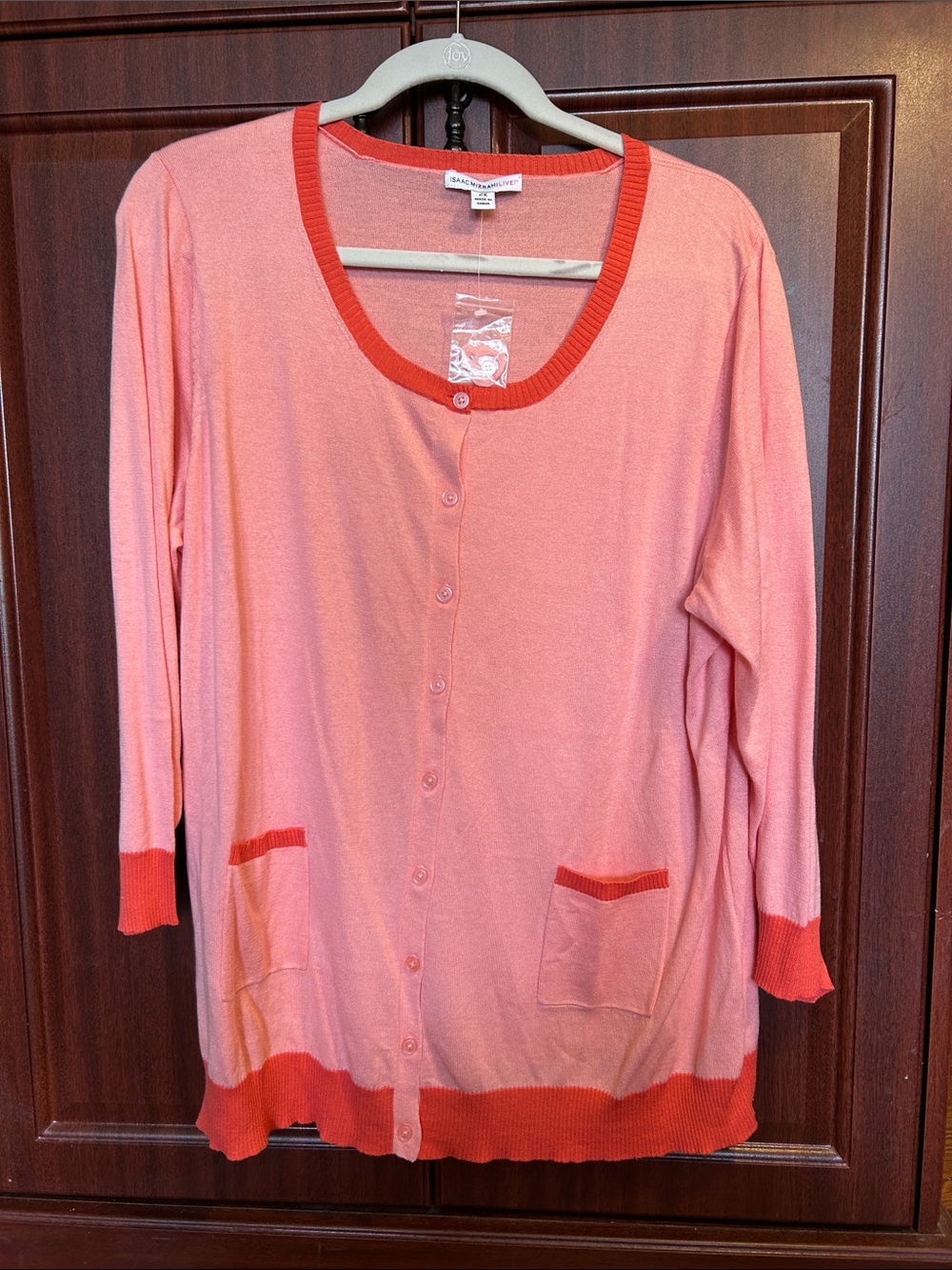 Isaac Mizrahi Pink Cardigan with Coral Trim